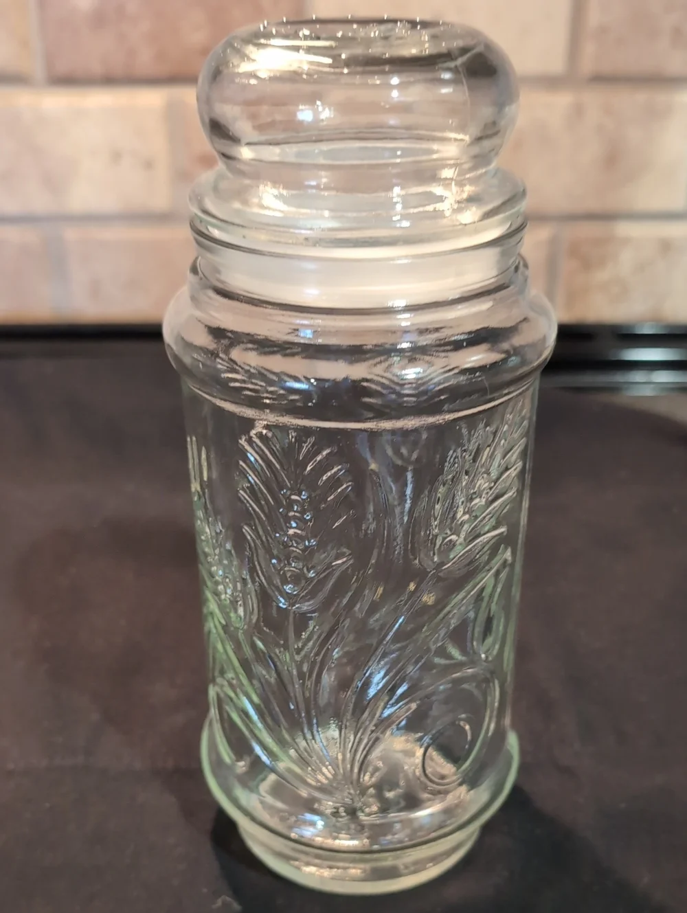 Two (2) 1982 Mr. Peanut Storage Glass Jars With Lids Wheat Stalk Design 8.5